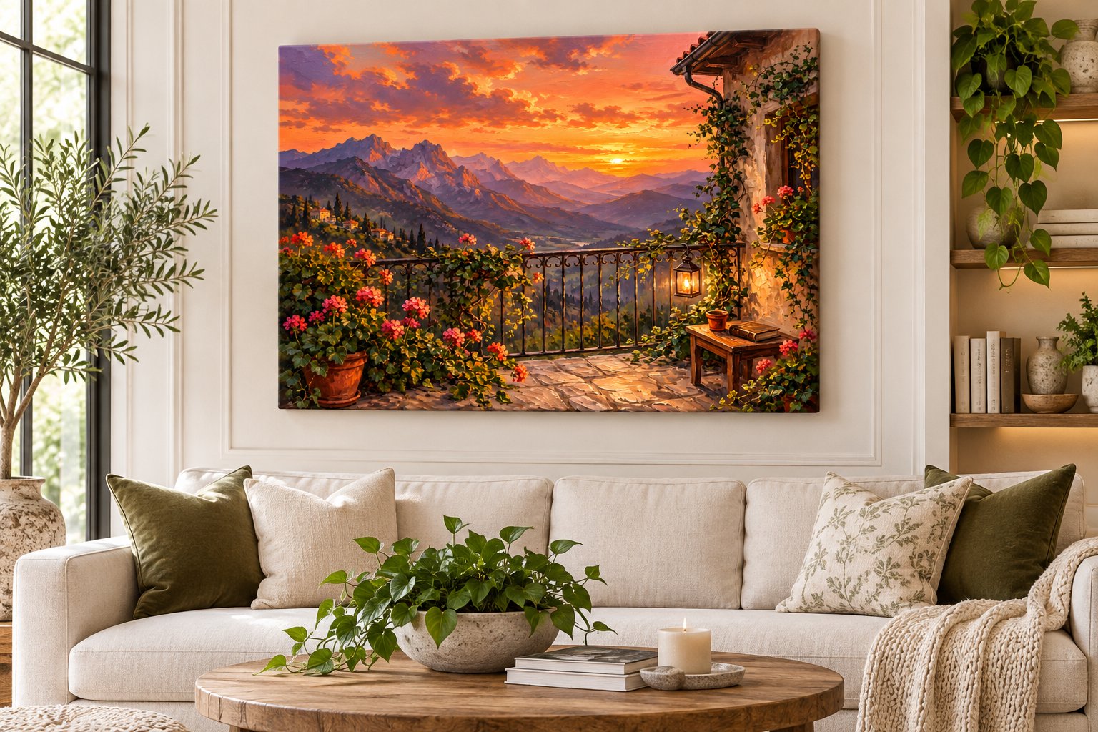 Sunset terrace mountain view canvas wall art with geraniums, lantern and stone balcony