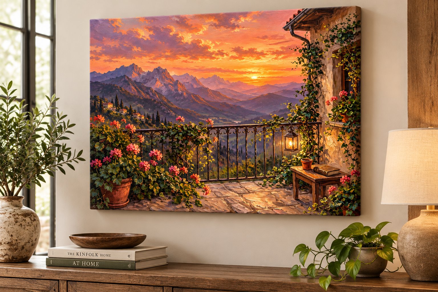 Sunset terrace mountain view canvas wall art with golden dusk tones