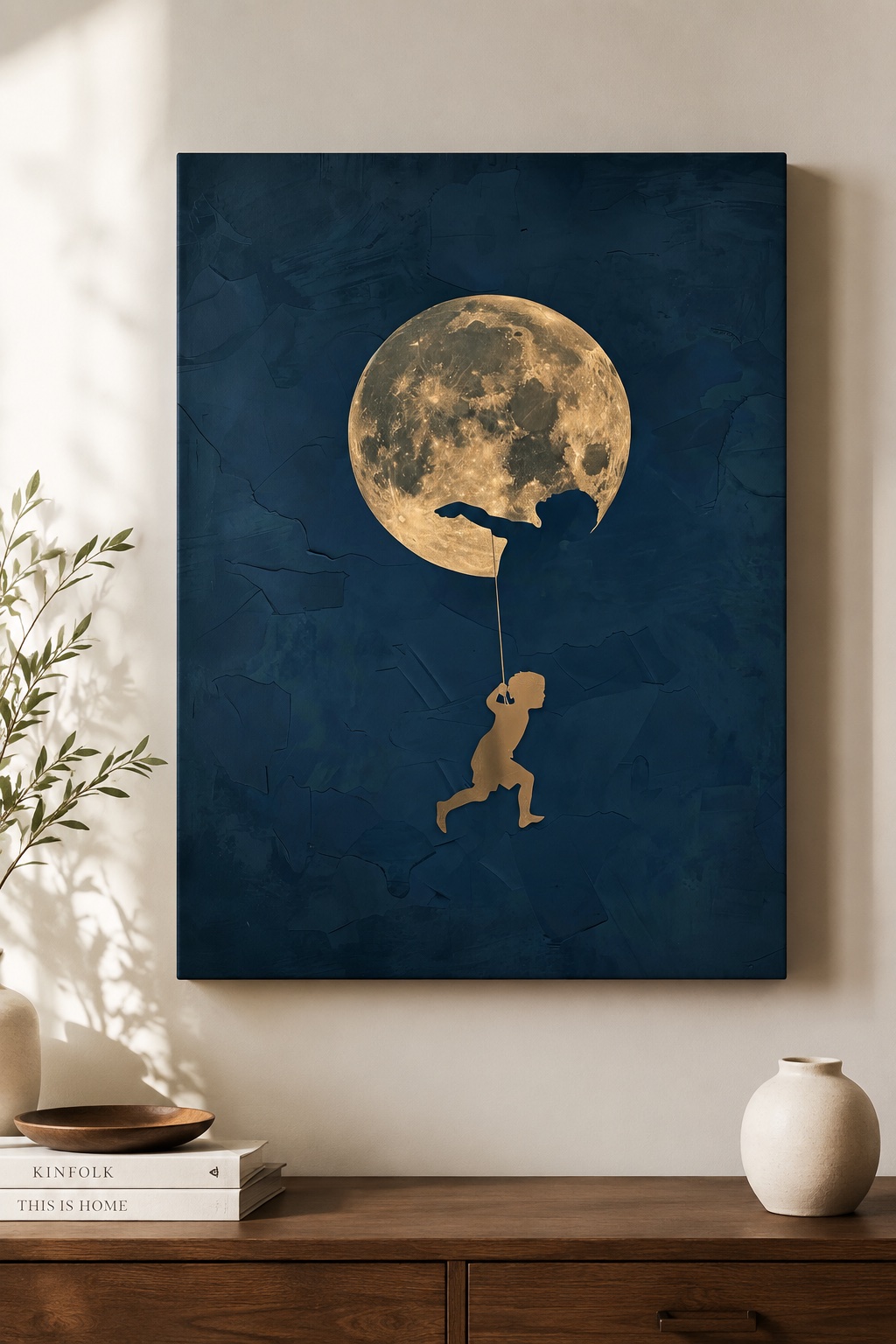 Surreal Boy and Full Moon Canvas Wall Art – Whimsical Dreamy Silhouette Poster, Navy Blue & Gold Modern Home Decor for Living Room & Nursery canvas print — moon wall decor