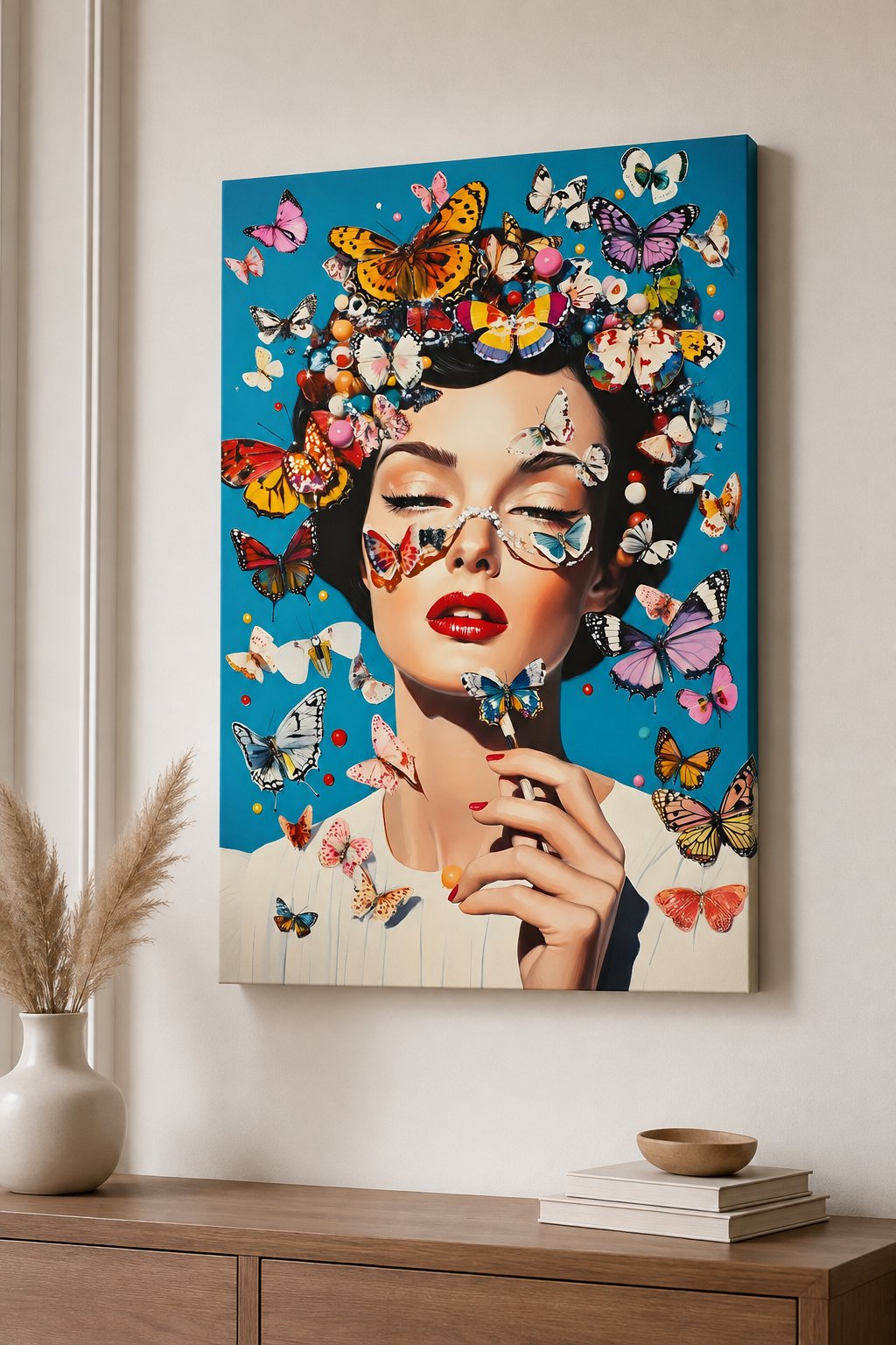 Surreal Butterfly Woman Canvas Wall Art - Vibrant Pop Art Female Portrait Print, Whimsical Butterfly Crown Poster for Living Room Decor canvas print — butterfly wall decor