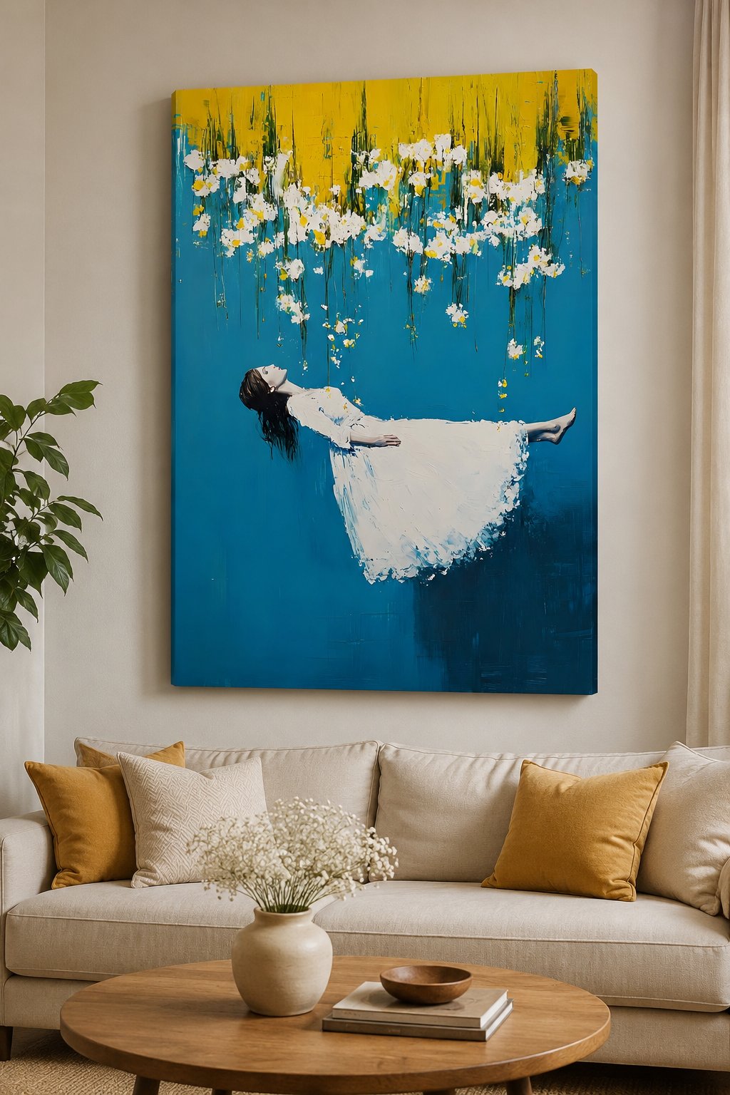 Surreal Floating Woman Canvas Wall Art - Modern Blue and Yellow Impressionist Painting, Romantic Female Figure Fine Art Print for Bedroom & Living Room Decor canvas print — floating woman wall art