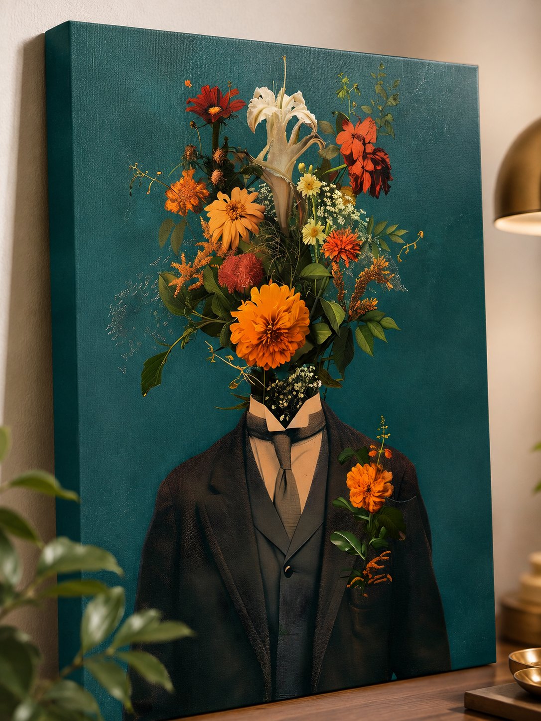 Surreal Floral Head Man Wall Art – Vintage Suit Bouquet Canvas Print, Moody Teal Botanical Poster canvas print — floral gentleman canvas