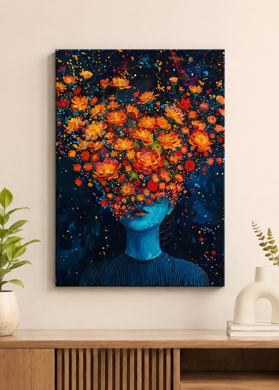 Surreal Floral Mind Wall Art – Vibrant Orange Blooms Cosmic Portrait Canvas Print, Contemporary Fantasy Head Flower Decor for Living Room canvas print — floral woman decor