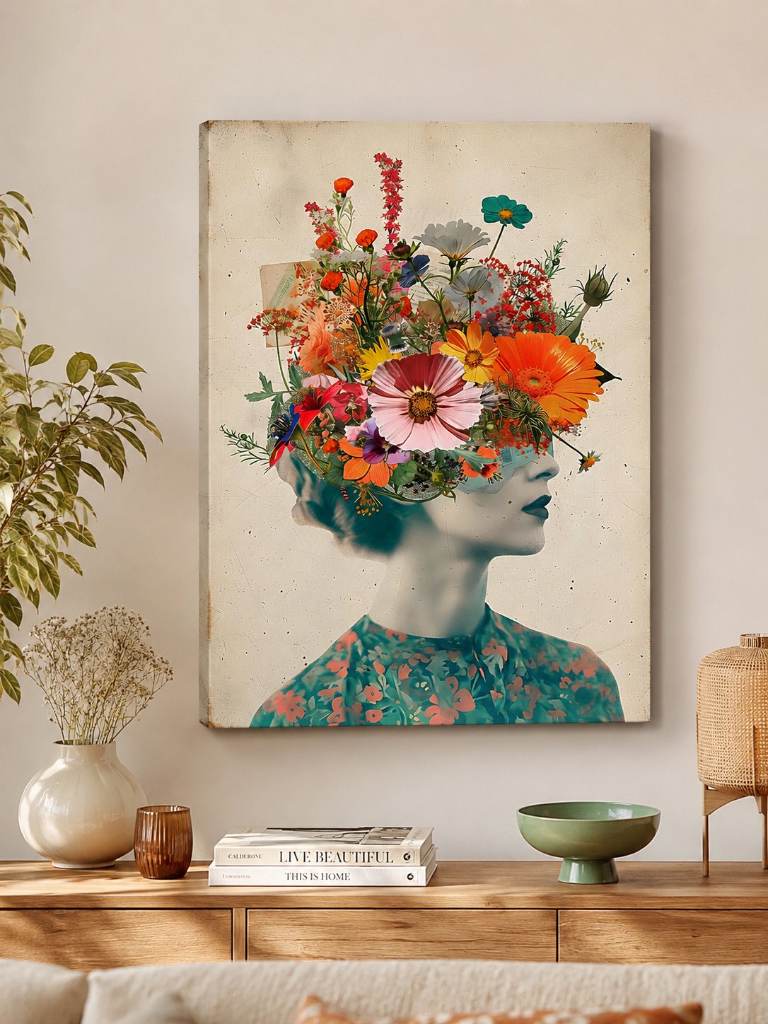 Surreal Floral Woman Portrait Wall Art - Vintage Surrealism Flower Head Canvas Print, Modern Feminine Botanical Poster canvas print — floral head collage