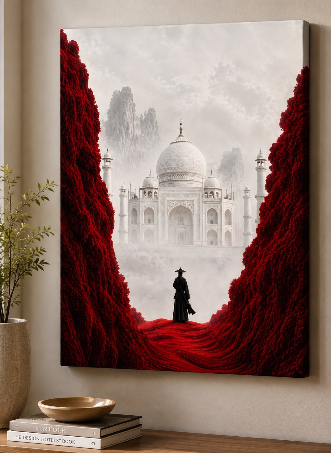 Surreal Taj Mahal Canvas Wall Art - Ethereal White Temple in Fog with Red Foliage and Traditional Figure - Mystical Asian Landscape Decor canvas print — Taj Mahal wall decor
