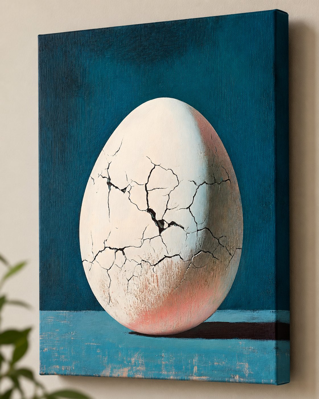 Surrealist Cracked Egg Canvas Wall Art – Modern Teal and Blue Minimalist Oil Painting Print for Contemporary Home Decor canvas print — cracked egg decor