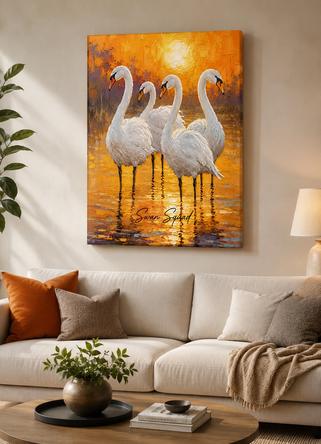 Swan Squad Oil Painting Canvas Print - Vibrant Orange Sunset Wildlife Wall Art, Textured Impressionist Fine Art for Living Room Decor canvas print — swan wall decor