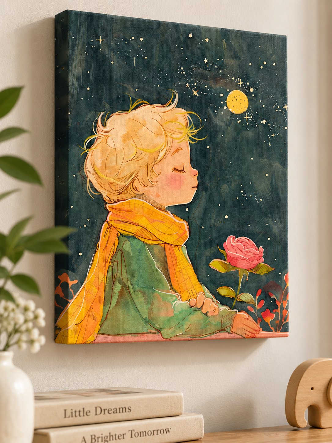The Little Prince Inspired Wall Art | Whimsical Boy and Rose Canvas Print | Nursery & Kids Room Decor | Cute Anime Watercolor Illustration Poster canvas print — storybook illustration