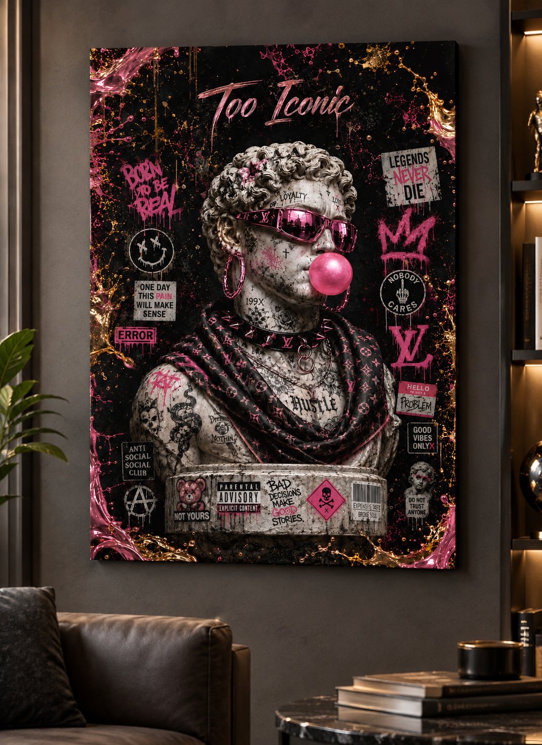 Too Iconic Modern Graffiti Classical Bust Canvas Wall Art – Urban Hypebeast Renaissance Statue Print for Contemporary Home Decor  canvas print — graffiti statue print