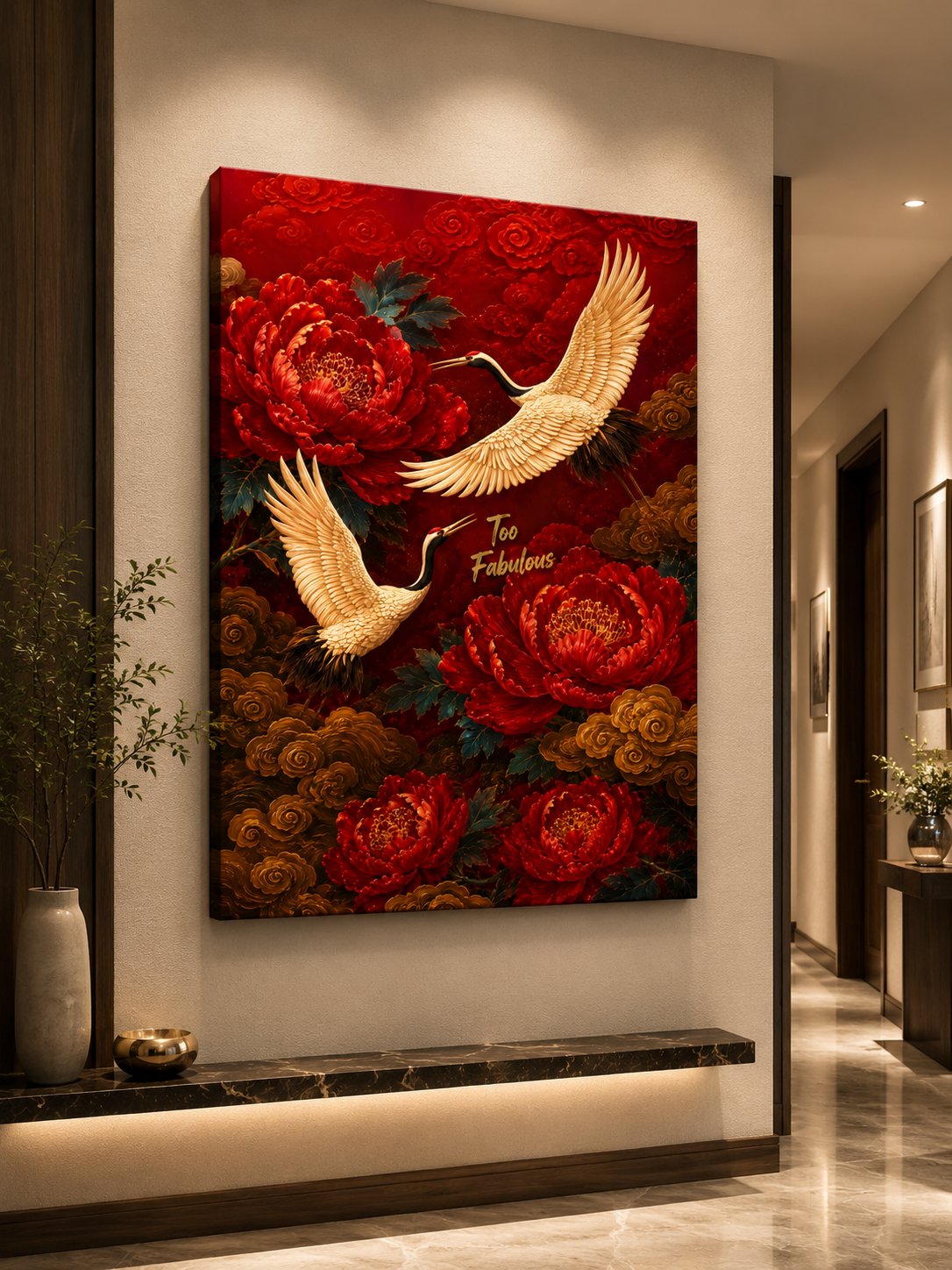 Traditional Chinese Crane and Peony Wall Art - Elegant Asian Floral Canvas Print, Vintage Oriental Home Decor with Golden Clouds canvas print — crane peony canvas