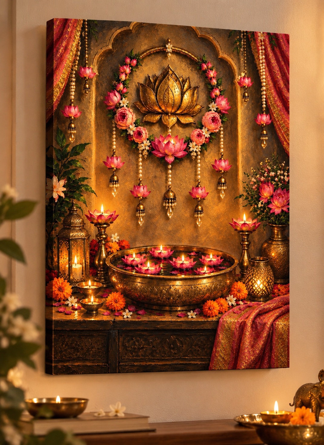 Traditional Golden Lotus Arch Canvas Wall Art with Floating Lotus Diyas, Brass Urli, and Floral Decor canvas print — Diwali wall decor