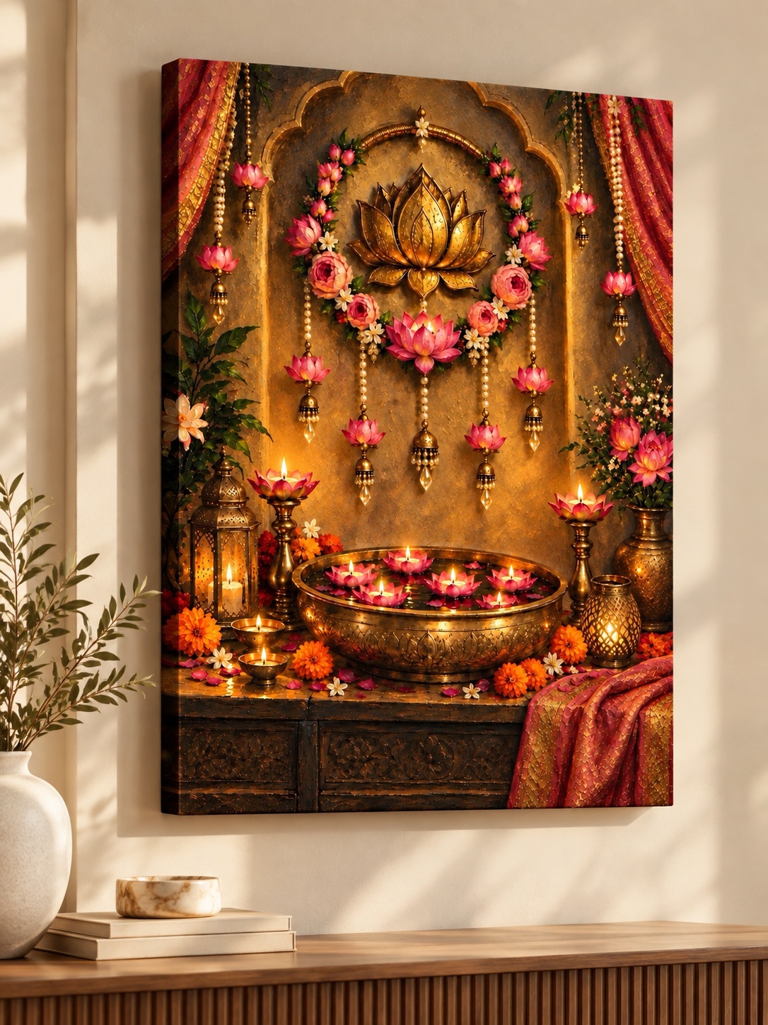 Golden lotus arch with floating diyas canvas wall art for pooja room, India