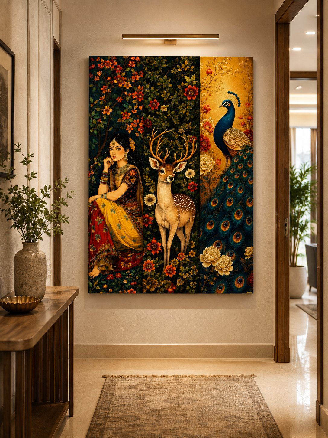 Traditional Indian Triptych Wall Art Set – Royal Woman, Majestic Peacock, and Spotted Deer Canvas Print – Elegant Mughal Style Floral Home Decor 3-Piece Canvas canvas print — peacock decor