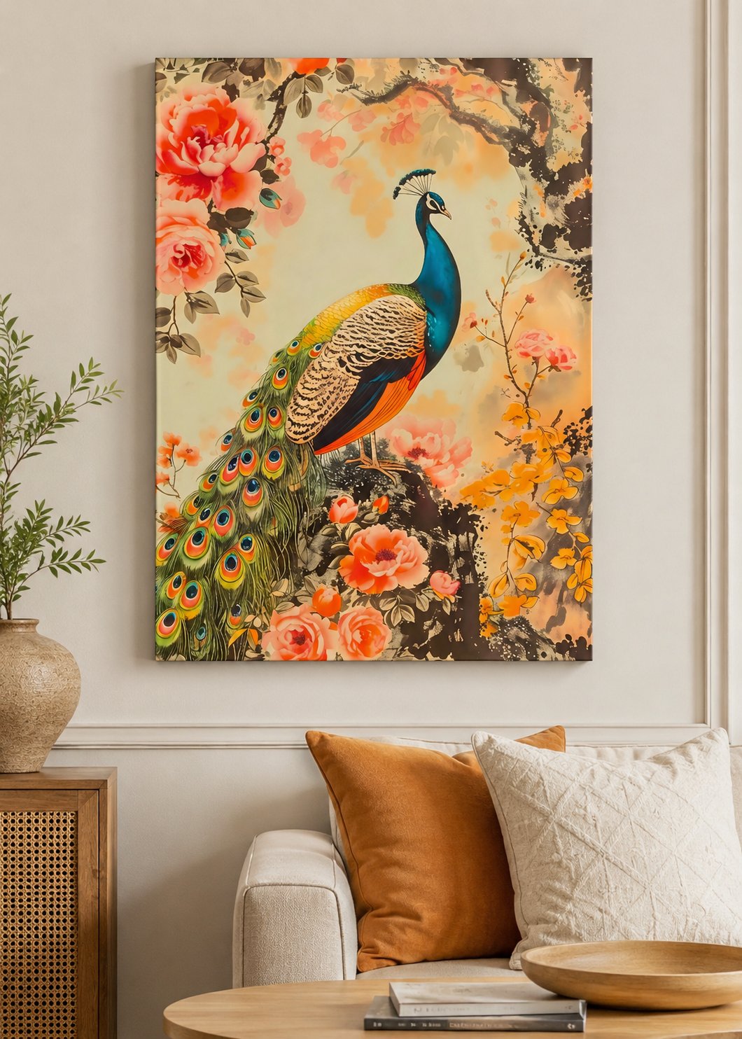 Traditional Japanese Style Peacock Canvas Wall Art - Elegant Floral & Bird Print canvas print — peacock wall decor