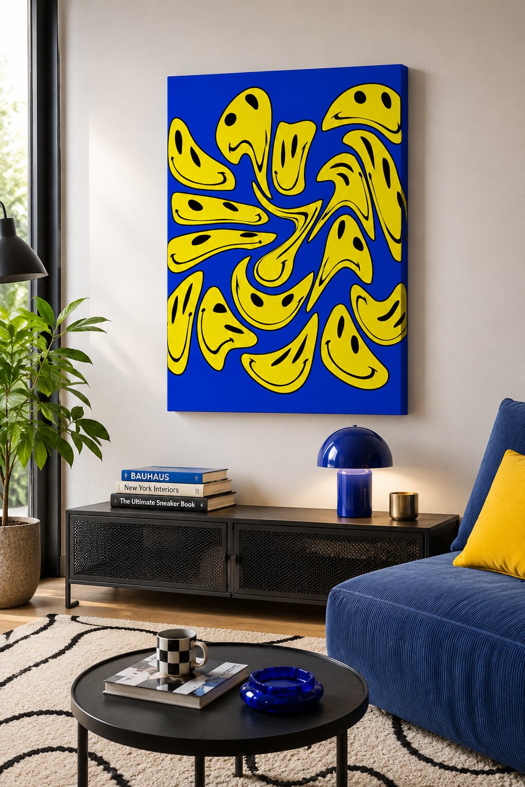 Trippy Smiley Face Wall Art - Retro Melted Smiley Face Poster, Psychedelic Yellow and Blue Canvas Print, Y2K Aesthetic Room Decor, Trendy Preppy Wall Decor canvas print — smiley face decor