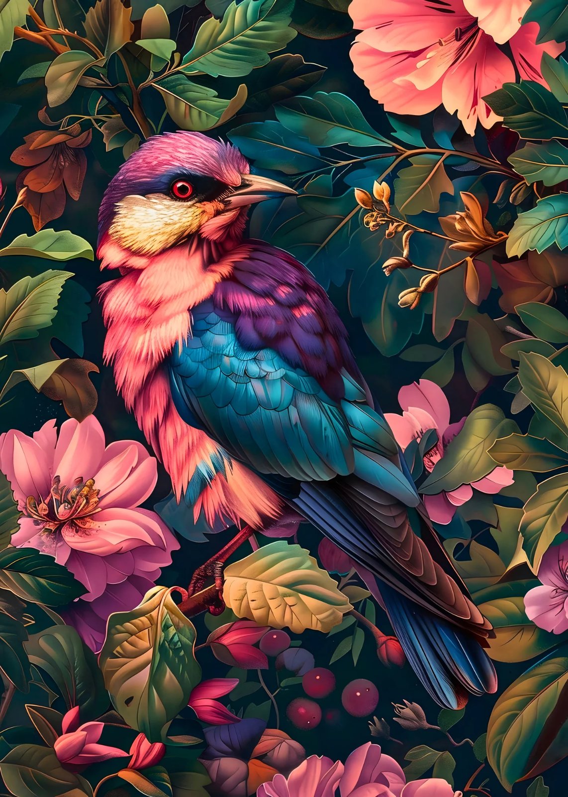 Pink and teal roller bird among pink blossoms and red berries on dark background — poster