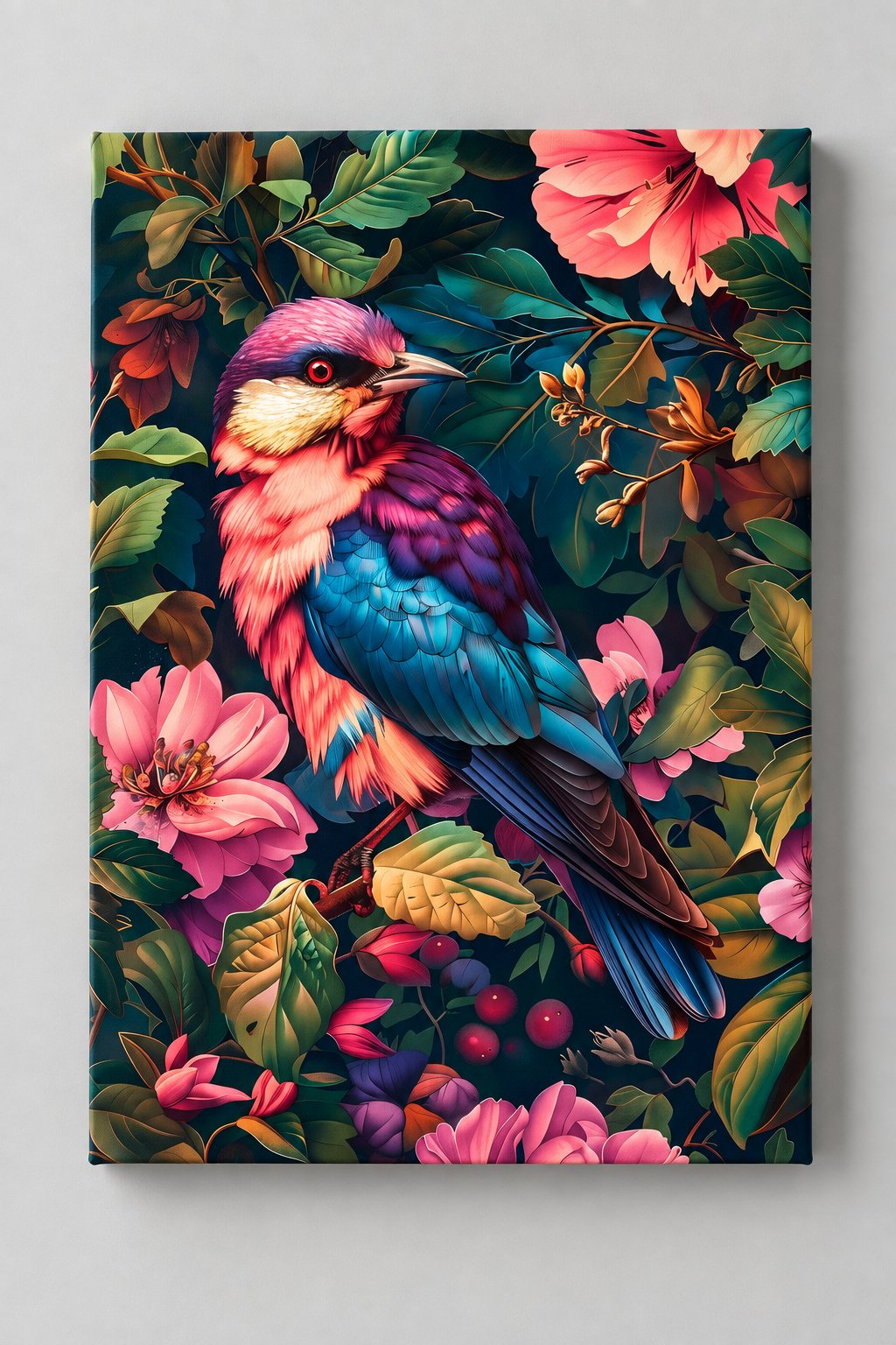 Pink and teal roller bird among pink blossoms and red berries on dark background — canvas wall art