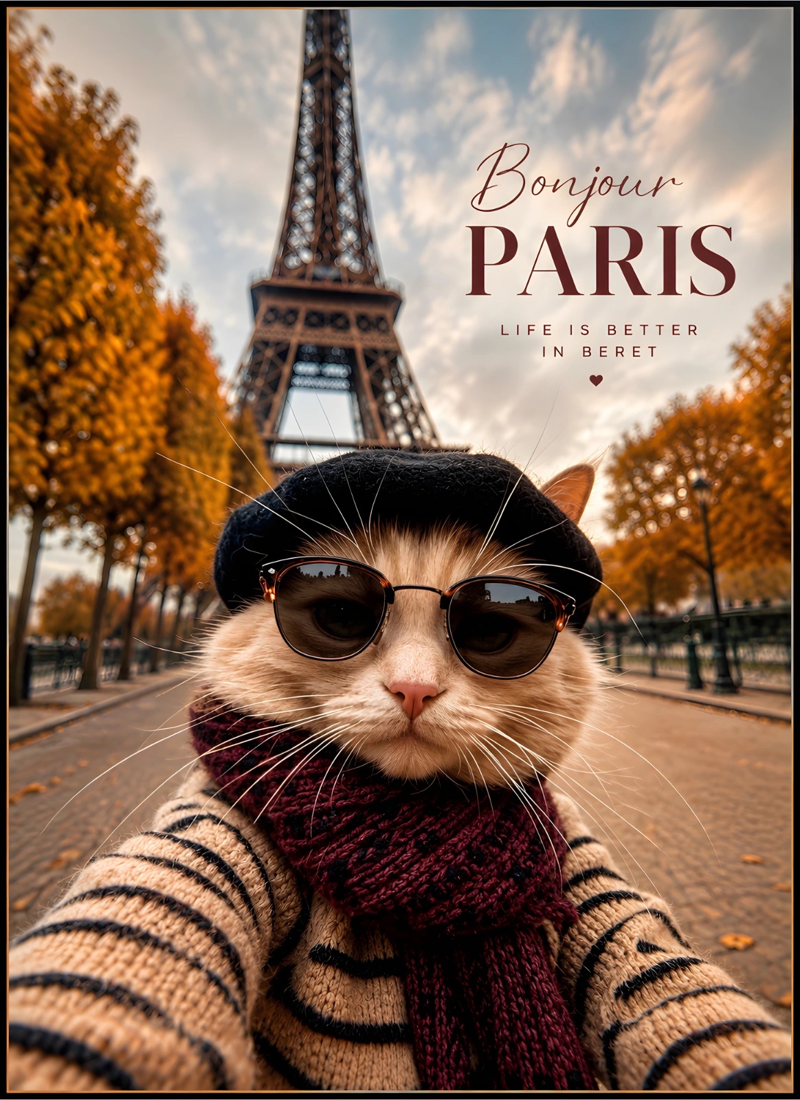 Stylish cat wearing a black beret, sunglasses, striped sweater and burgundy scarf in front of the Eiffel Tower, surrounded by golden autumn trees and “Bonjour Paris” text.