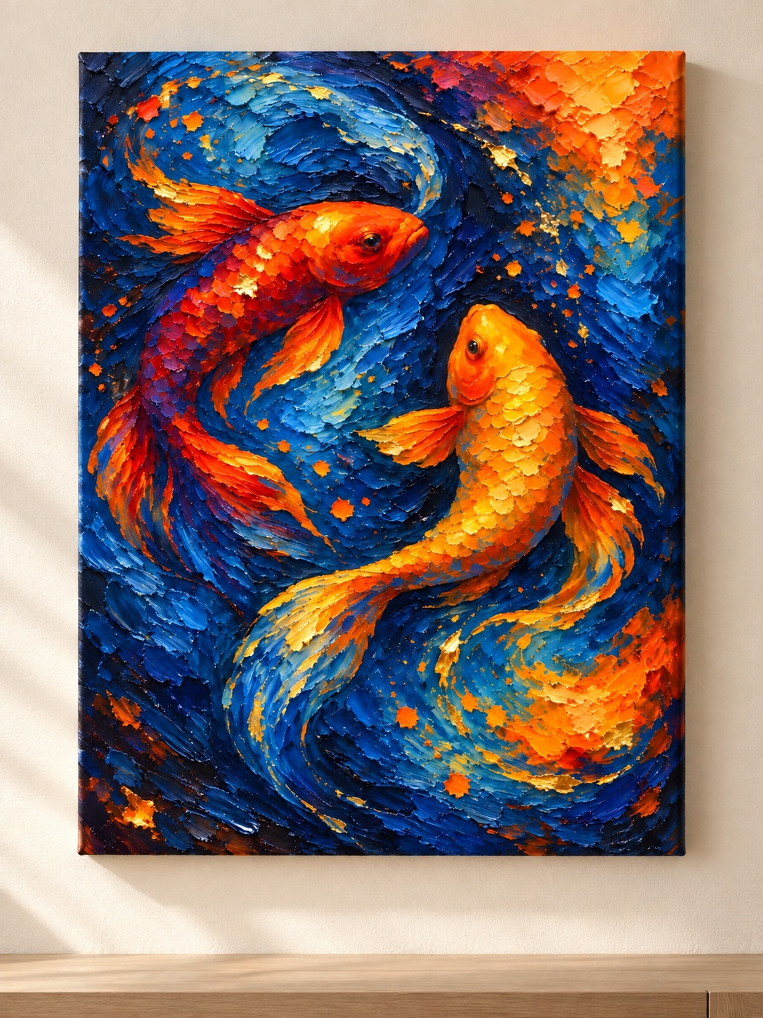 Two orange-gold koi fish swimming in deep blue swirling water, impasto canvas wall art