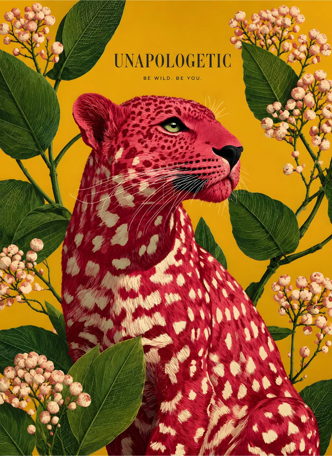 Unapologetic Pink Leopard Botanical Poster – Bold Red & Golden Yellow Contemporary Animal Print Decor — Poster