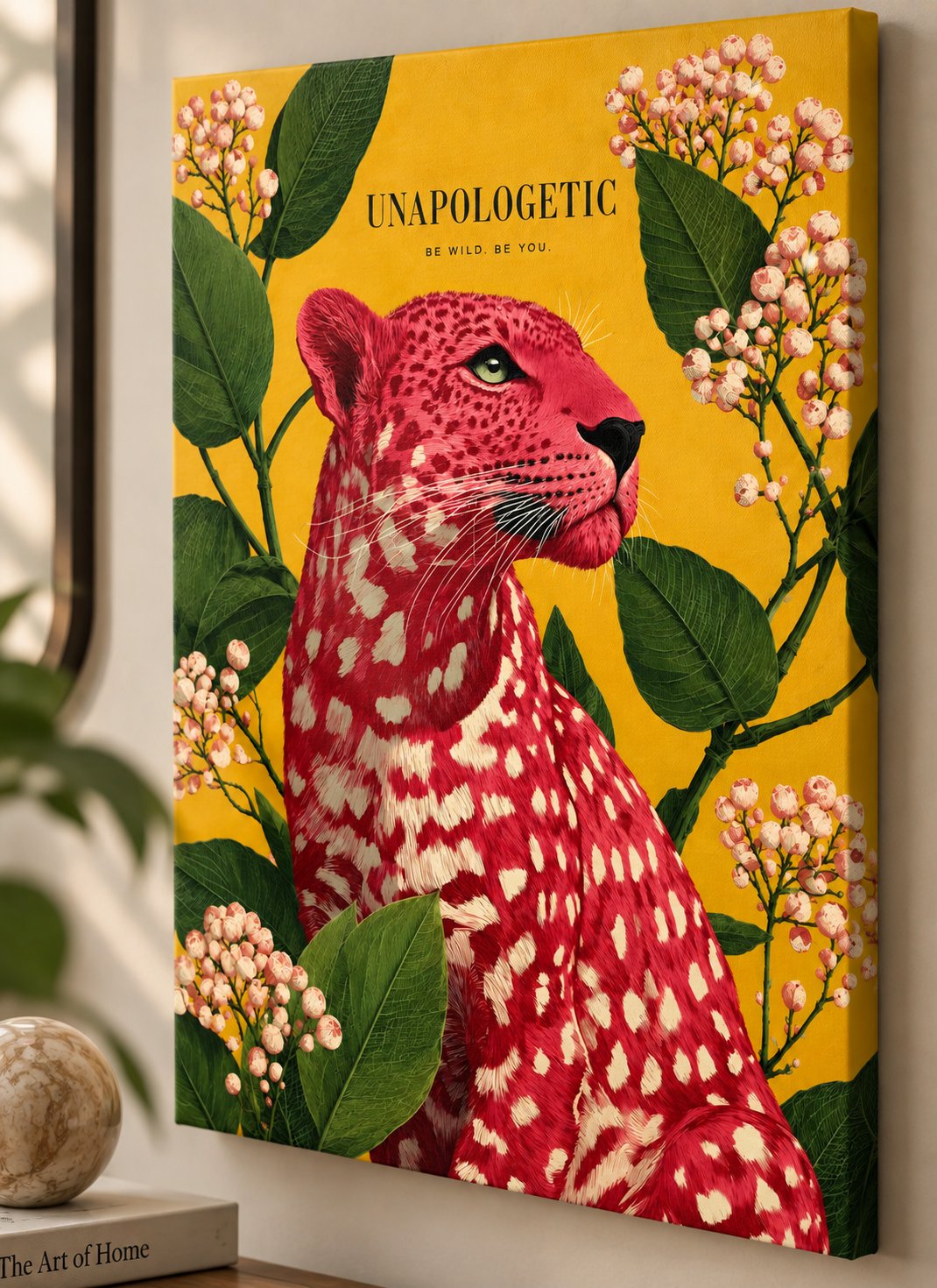 Pink and red leopard in profile surrounded by green leaves and cream blossoms on a golden-yellow background, with “UNAPOLOGETIC” and “BE WILD. BE YOU.” text above.