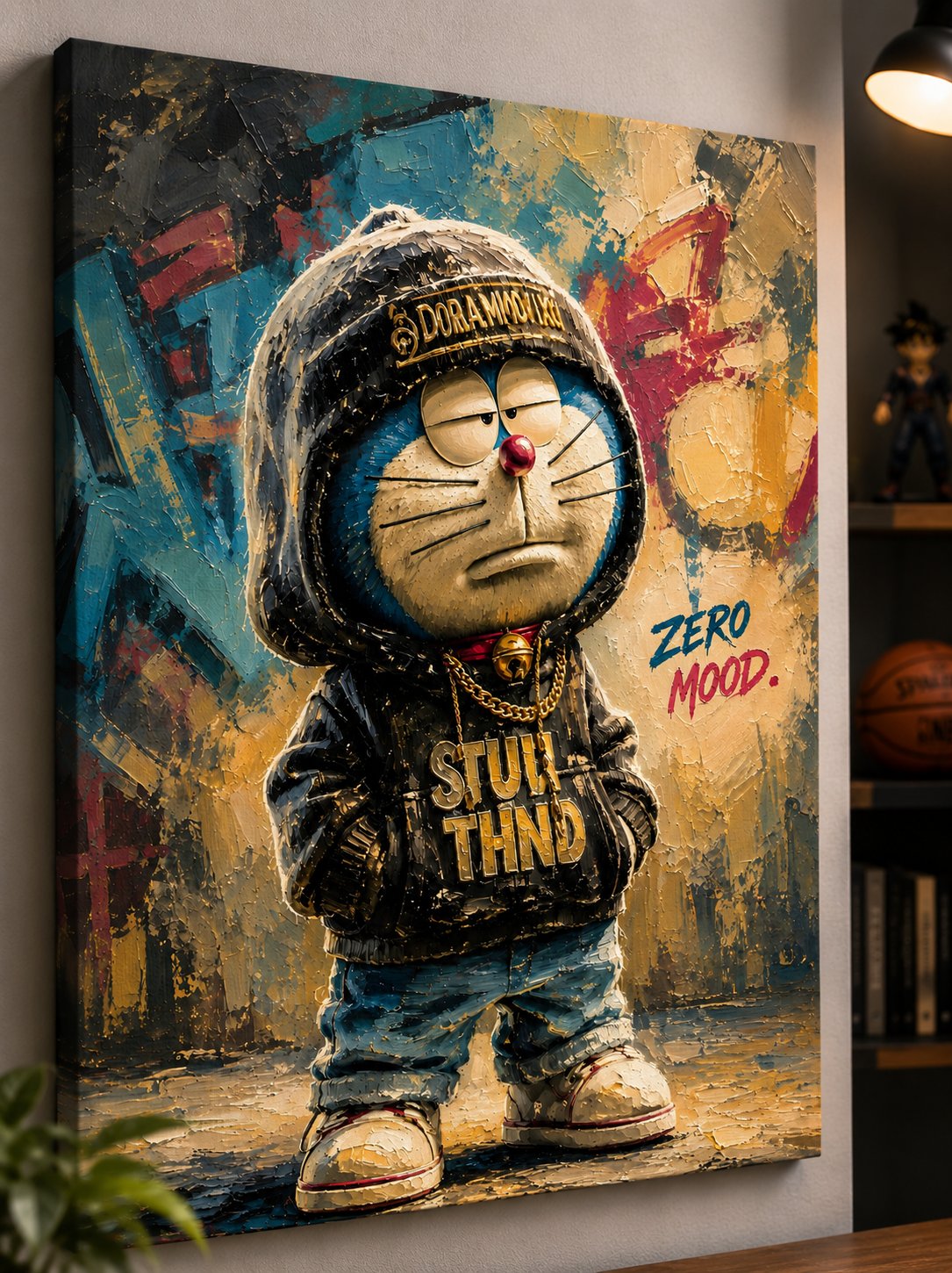 Urban Doraemon Street Art Canvas Print - Modern Graffiti Hooded Anime Poster Wall Decor canvas print — streetwear cartoon decor