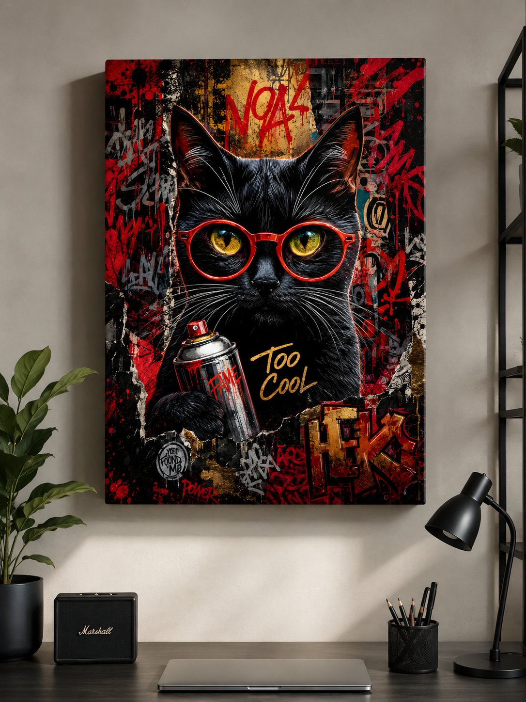 Urban Graffiti Black Cat Wall Art - "Too Cool" Street Art Canvas Print with Red Glasses canvas print — graffiti cat decor