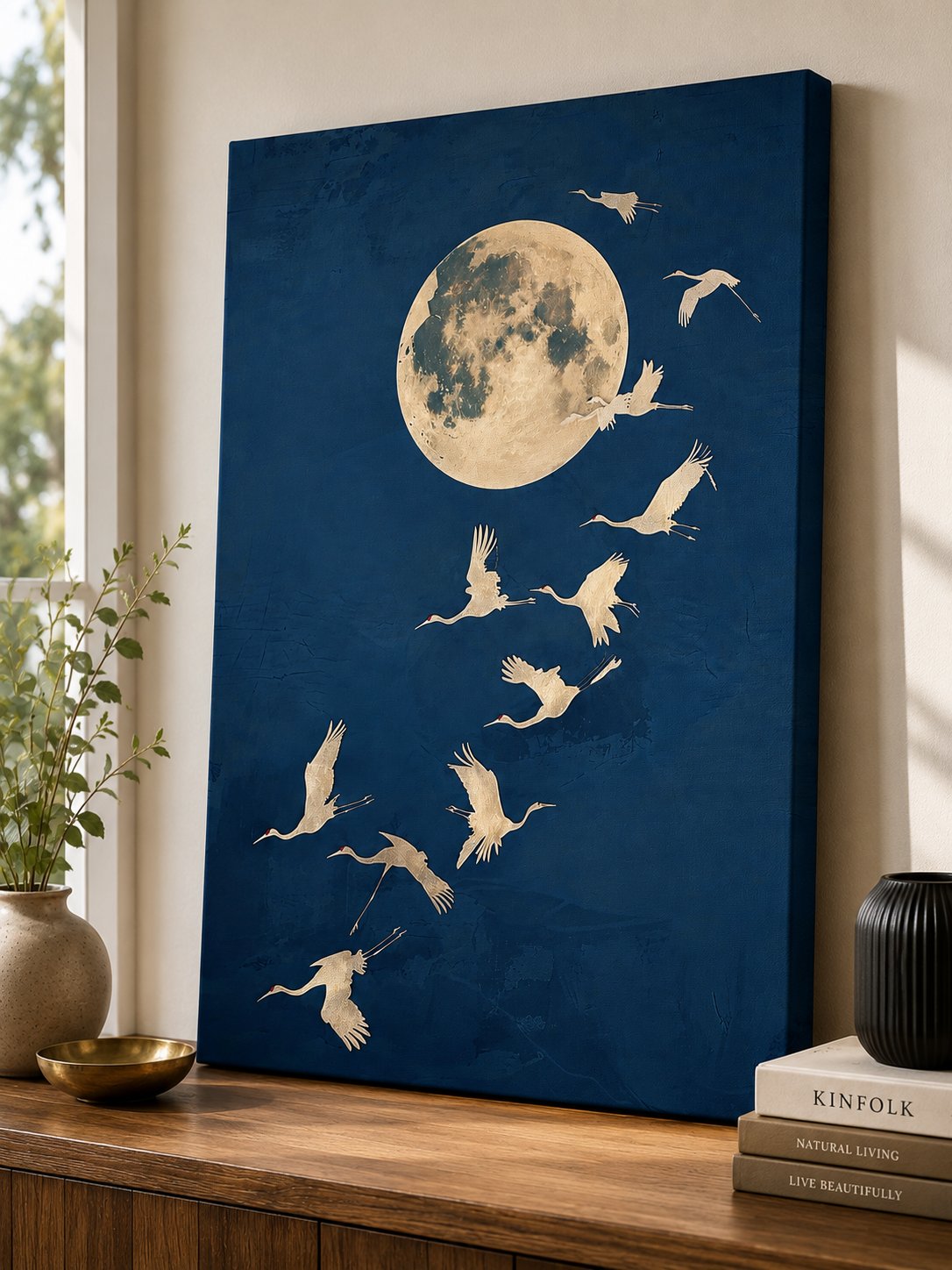 Blue & Gold Crane Moon Canvas Wall Art – Elegant Bird Decor canvas print — crane wall art