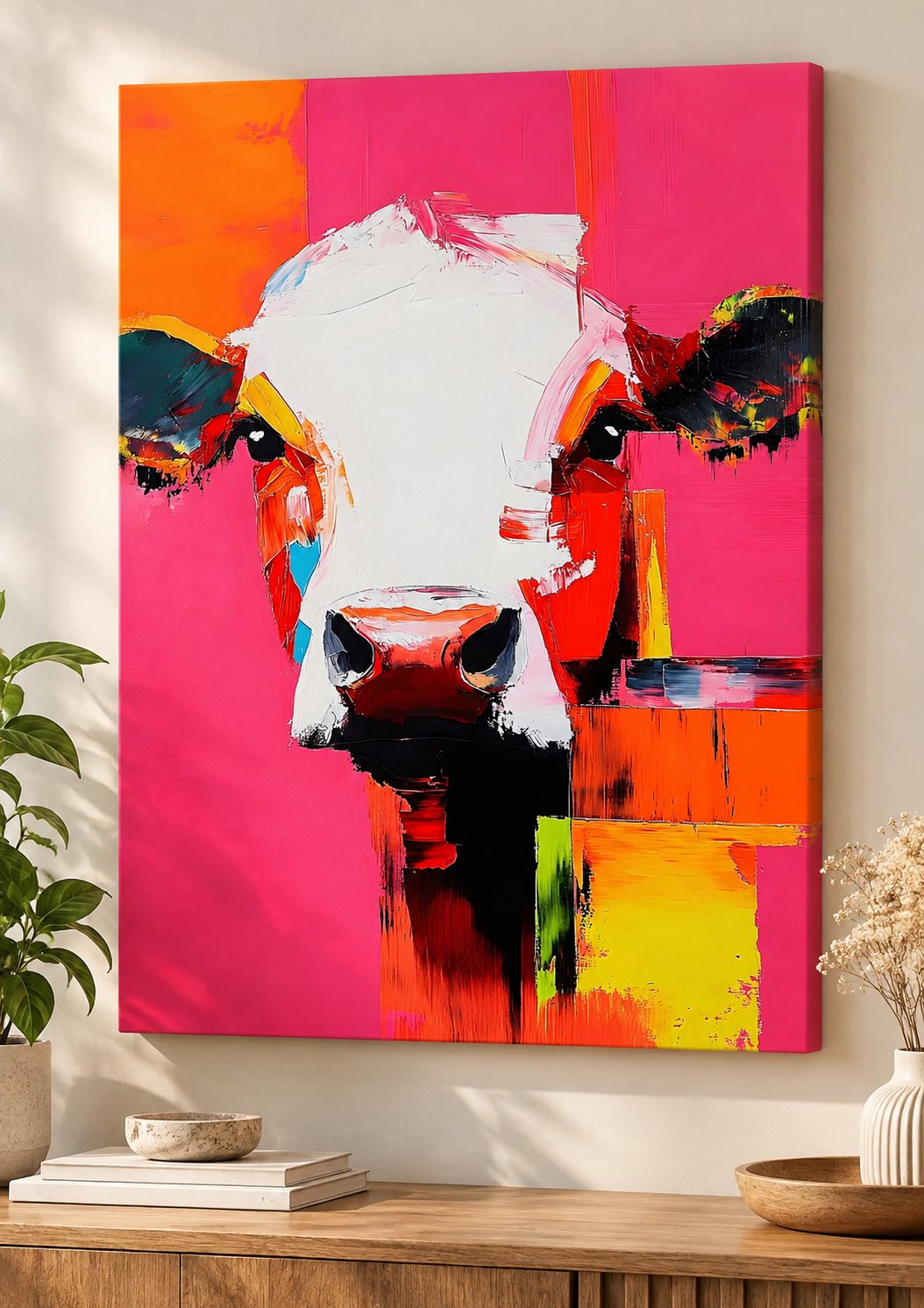 Abstract close-up cow portrait with a white face against a vivid pink background, accented with orange, red, yellow, black, blue, and green brushstrokes.