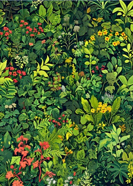 Vibrant Botanical Poster - Lush Green Jungle Foliage and Colorful Wildflowers Poster, Maximalist Nature Decor, Floral Garden Poster — Poster
