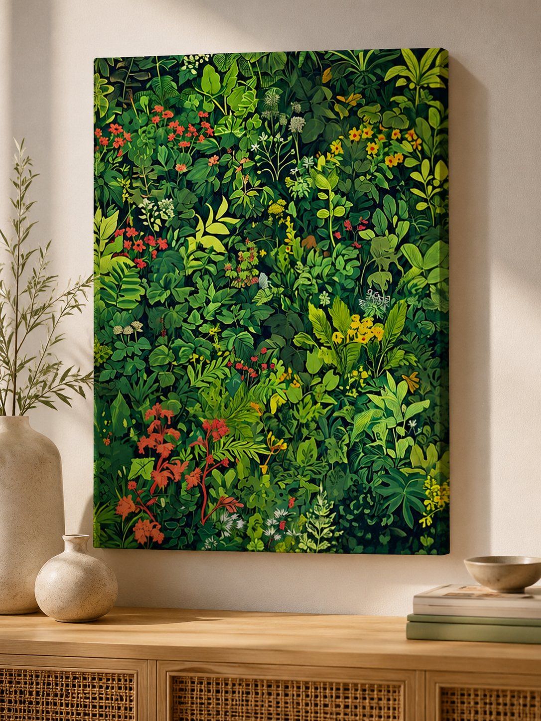 Vibrant Botanical Wall Art Print - Lush Green Jungle Foliage and Colorful Wildflowers Canvas, Maximalist Nature Decor, Floral Garden Poster canvas print — jungle foliage