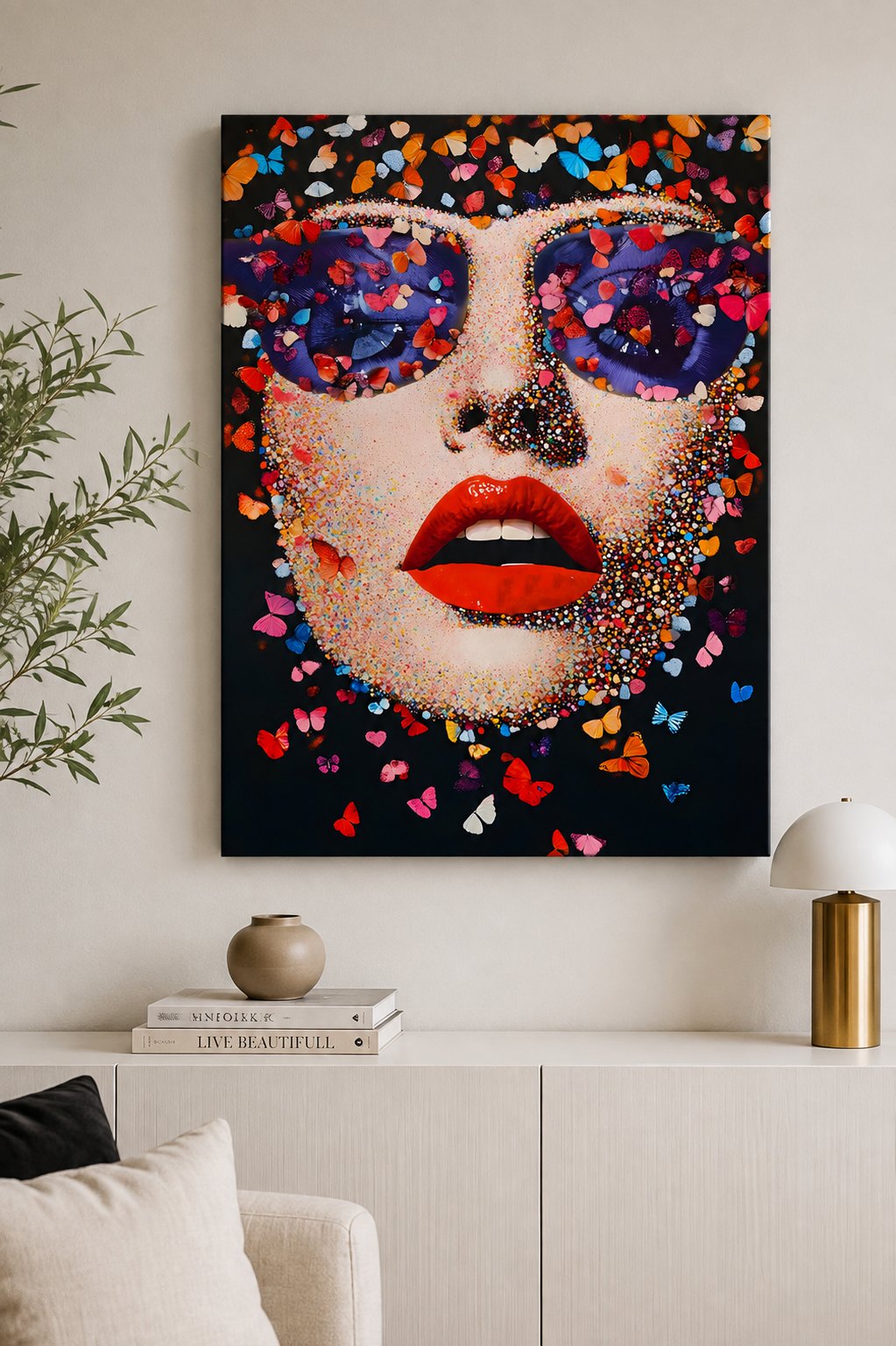 Vibrant Butterfly Sunglasses Pop Art Canvas Print - Modern Fashion Wall Decor canvas print — butterfly woman artwork