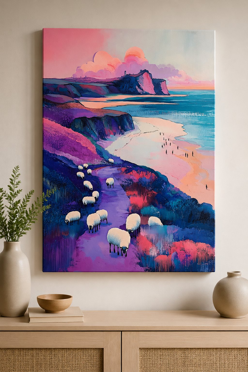 Vibrant Coastal Landscape Canvas Wall Art - Pastel Ocean Cliffs Painting Print, Whimsical Sheep Path and Beach Sunset Poster canvas print — seaside cliff print