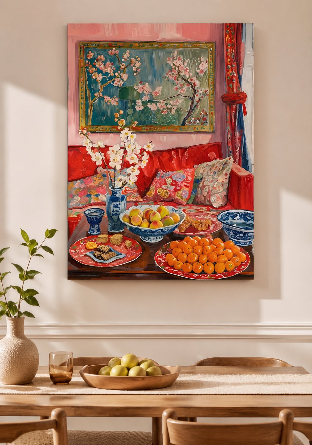 Vibrant Impressionist Interior Wall Art - Pink Room with Cherry Blossom Painting, Red Sofa, and Blue Porcelain Table Decor canvas print — still life canvas print