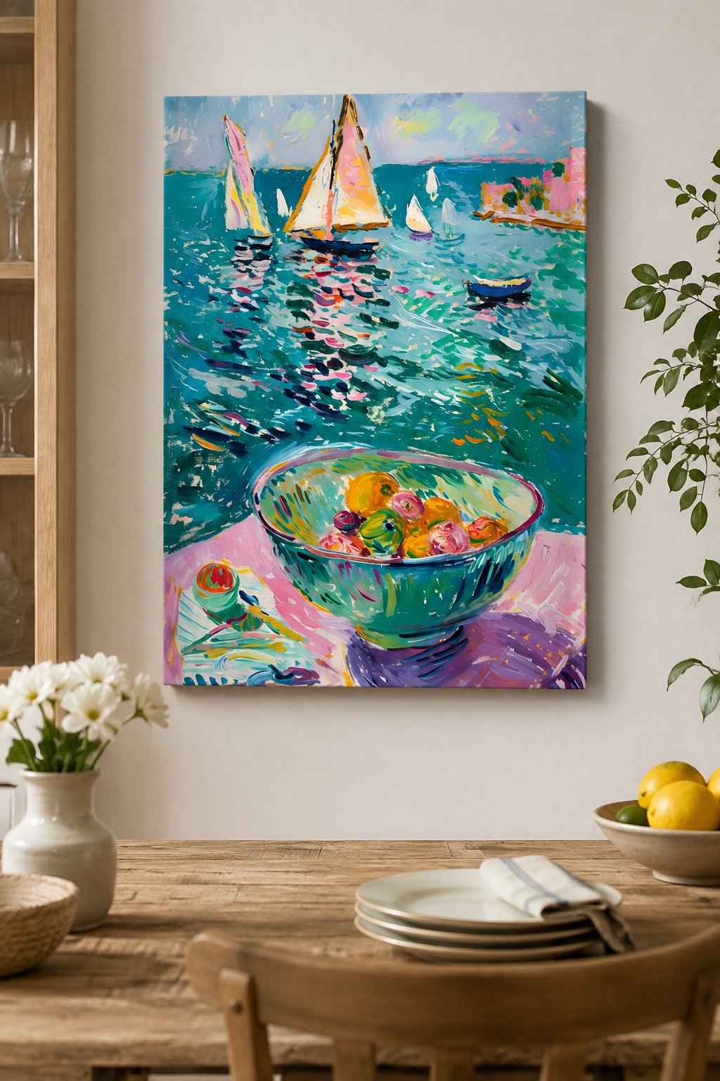 Vibrant Mediterranean Coast Wall Art - Fauvist Sailboat Canvas Print - Colorful Nautical Impressionist Painting, Coastal Home Decor canvas print — coastal sailboat decor
