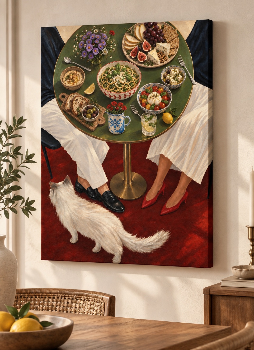 Vibrant Table Feast with White Cat – Green & Red Painterly Dining Scene Wall Art