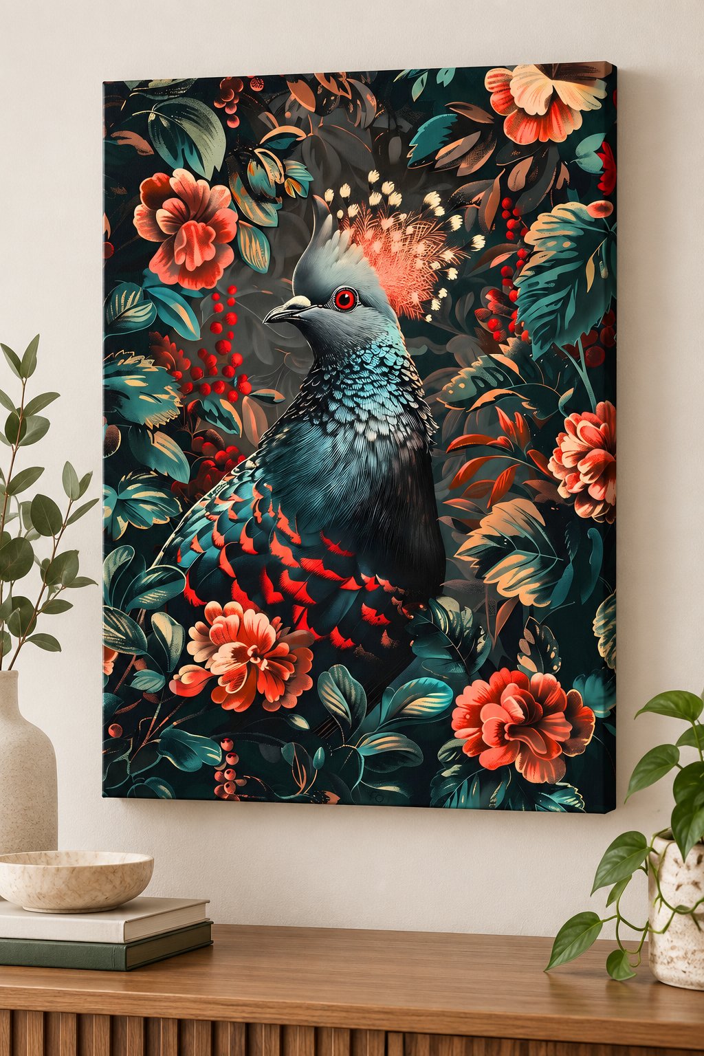 Blue-grey Victoria crowned pigeon with red eyes among coral flowers — canvas wall art