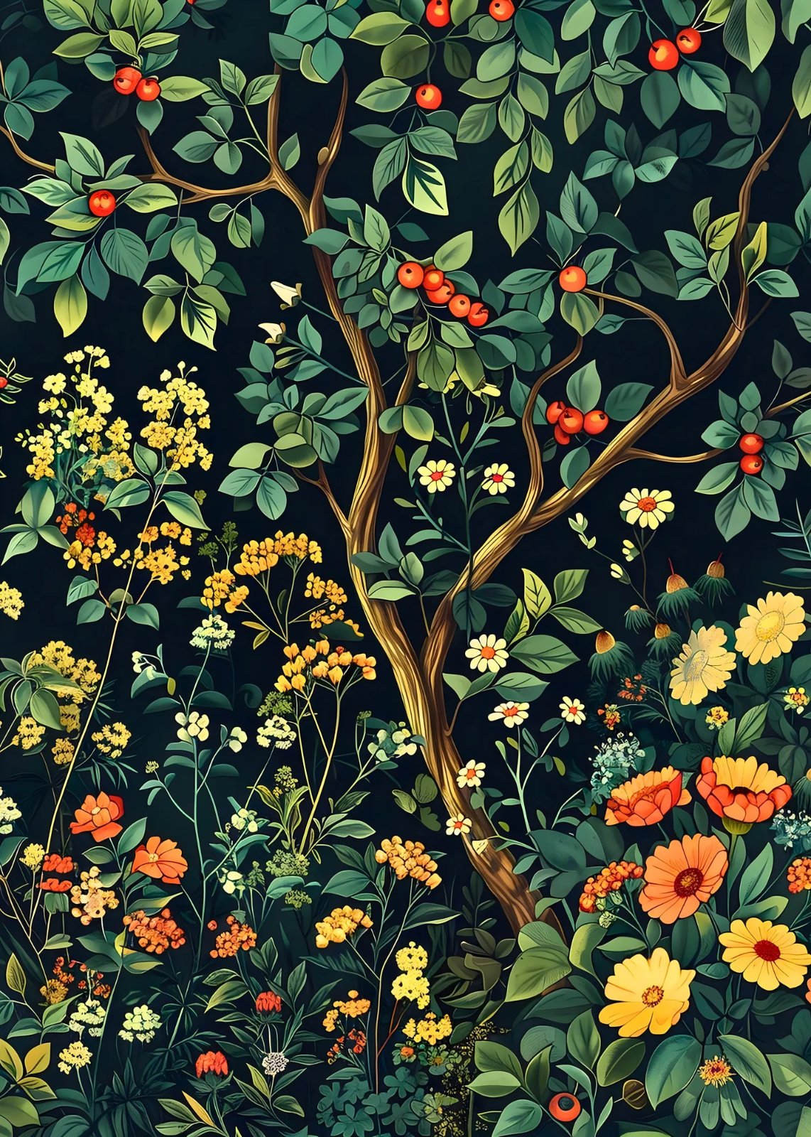 Vintage botanical illustration of a berry tree with red berries, wildflowers and daisies on dark background — poster