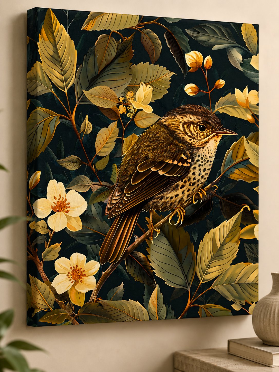 Vintage Bird and Botanical Wall Art - Antique Style Sparrow Canvas Print - Muted Nature Decor canvas print — songbird canvas