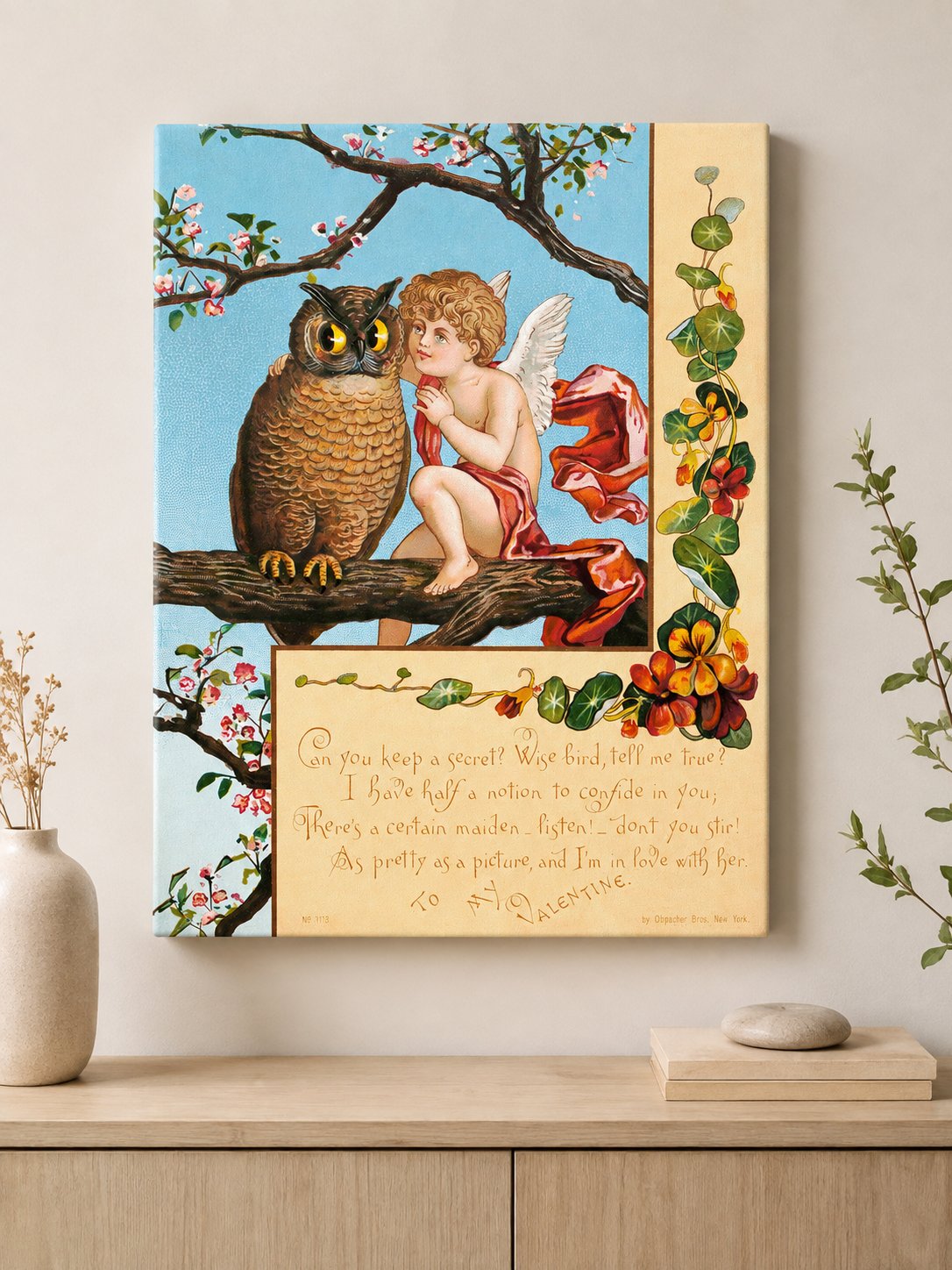 Vintage Cupid and Owl Valentine Wall Art | Antique Cherub Nursery Decor | Classic Romantic Poetry Art Print | Whimsical Victorian Style Poster canvas print — valentine postcard