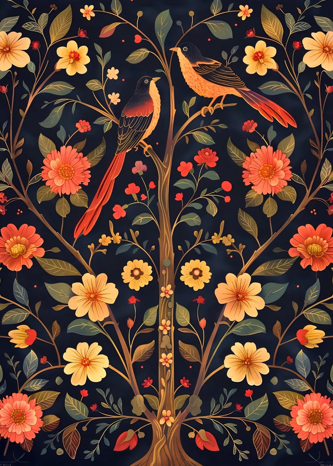 Two birds with long red tail feathers on a flowering tree, dark vintage folk-art background — poster