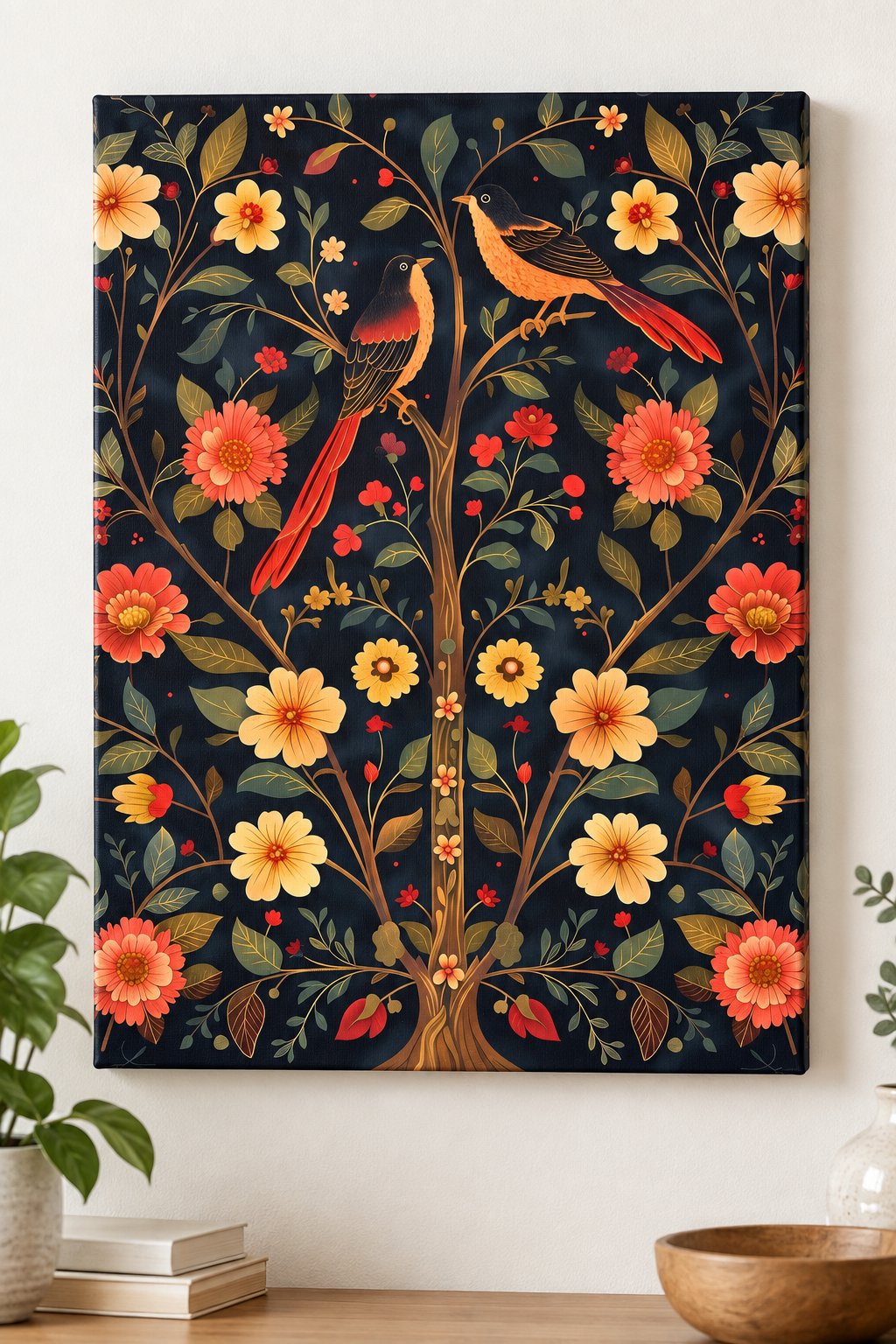 Two birds with long red tail feathers on a flowering tree, dark vintage folk-art background — canvas wall art
