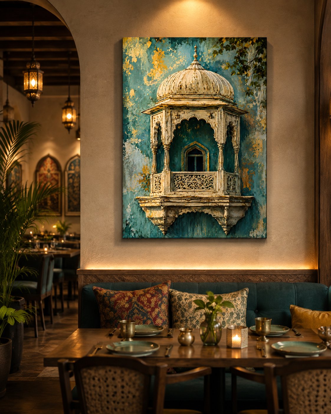 Vintage Indian Jharokha Canvas Wall Art - Traditional Rajasthani Balcony Painting Print - Distressed Teal and Gold Boho Home Decor canvas print — jharokha decor