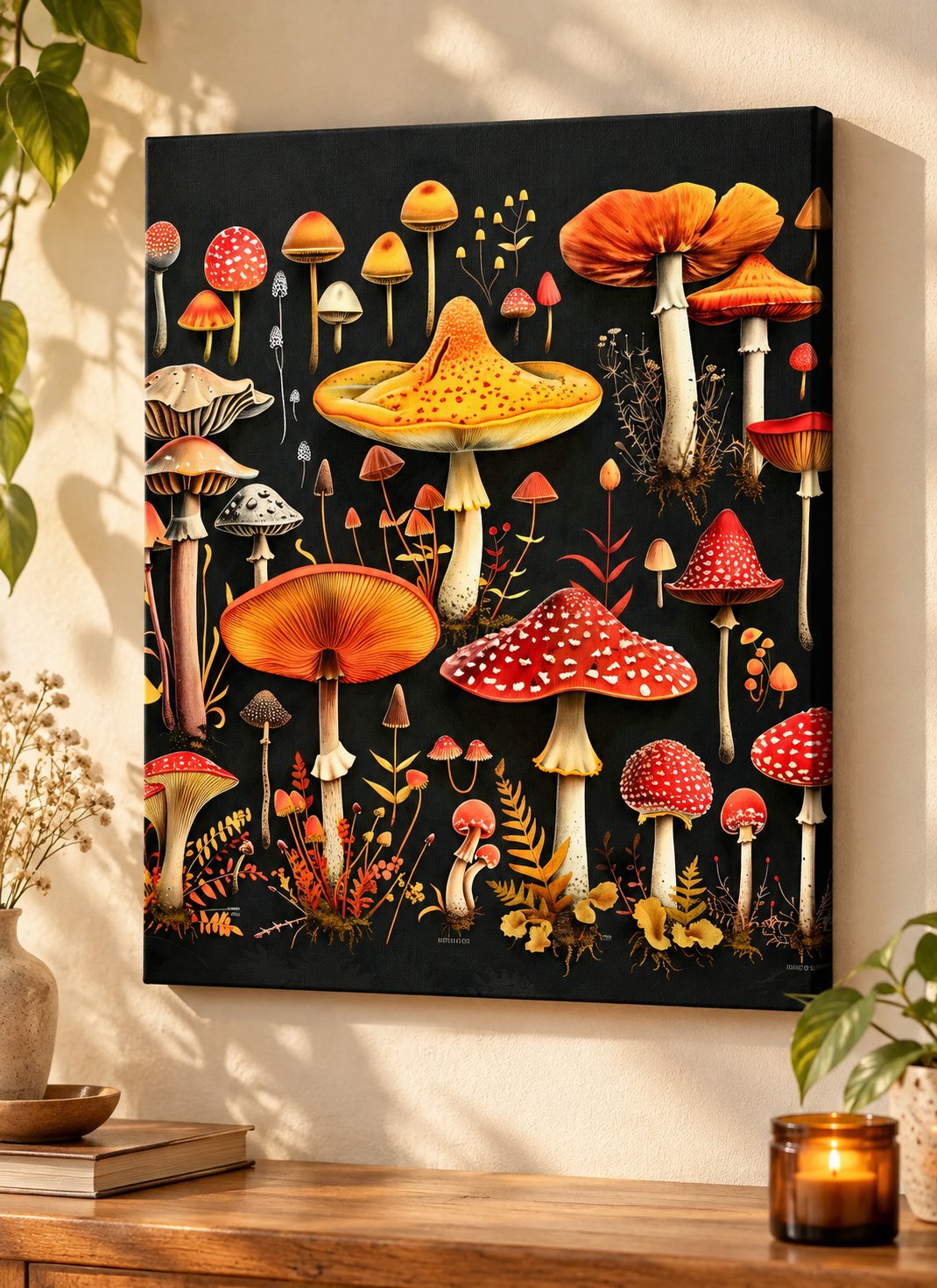 Vintage-Inspired Mushroom Botanical Art in Orange, Red & Gold – Dark Moody Eclectic Wall Décor