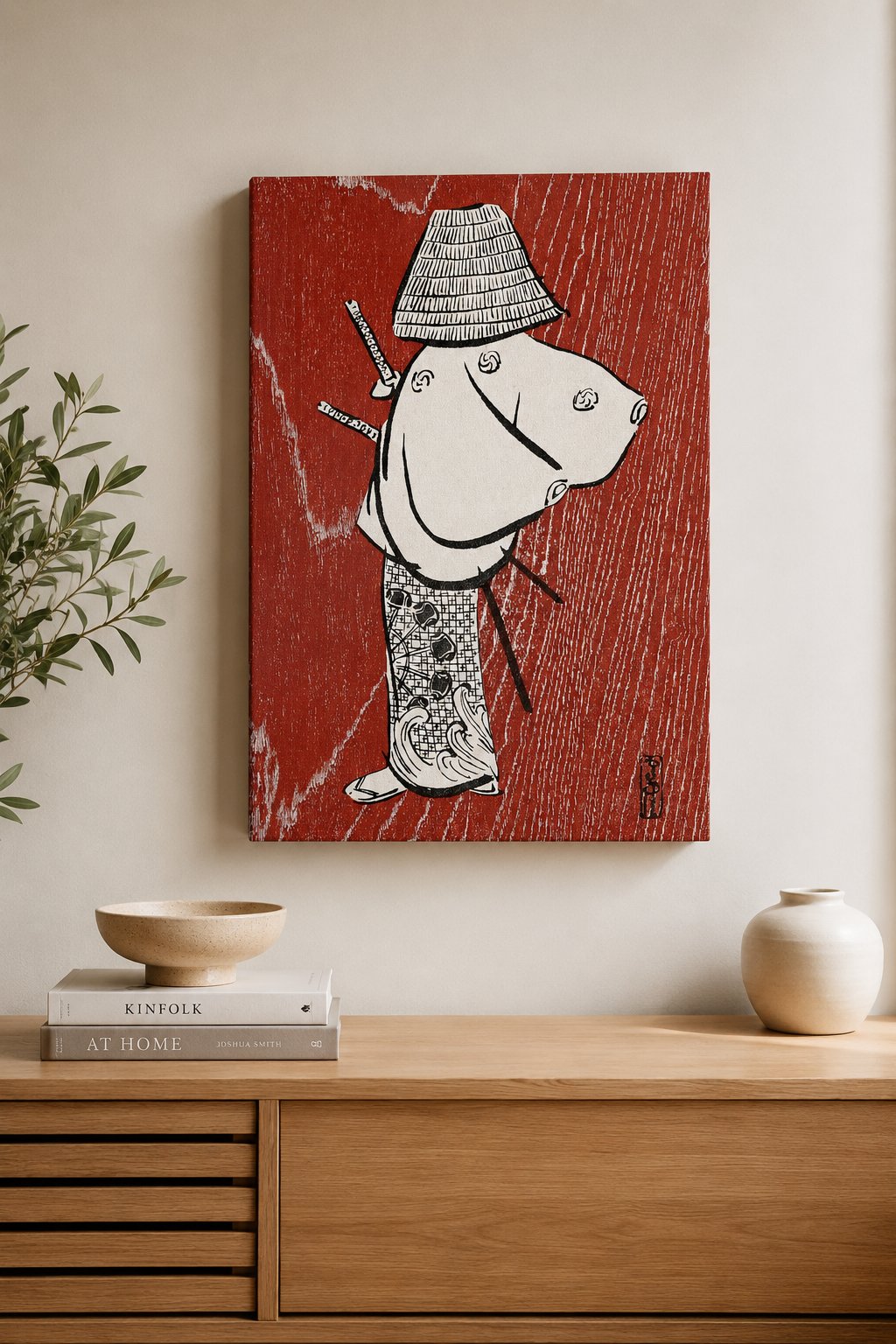 Vintage Japanese Samurai Wall Art - Rustic Red Wood Grain Ukiyo-e Style Canvas Print - Traditional Asian Home Decor canvas print — Japanese warrior print