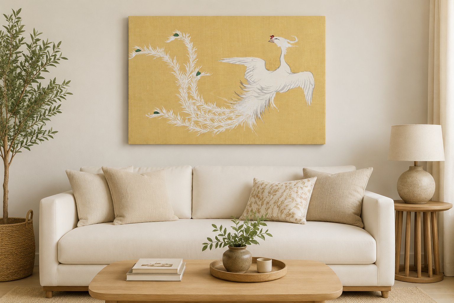 Vintage Japanese White Phoenix Wall Art Print | Traditional Asian Fine Art Canvas Poster canvas print — white peacock
