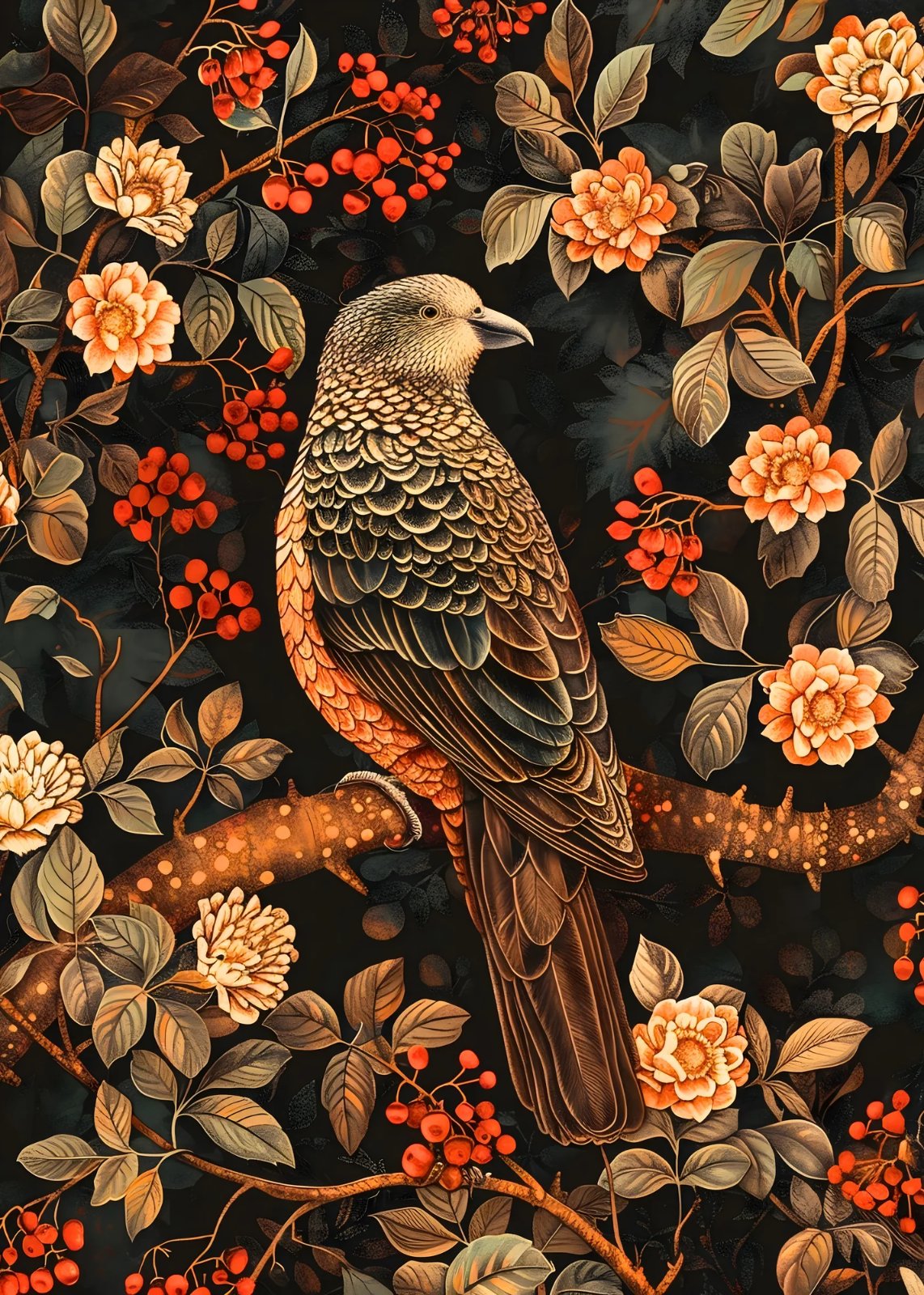Olive-brown parrot with peach blossoms and red berries on dark background — poster
