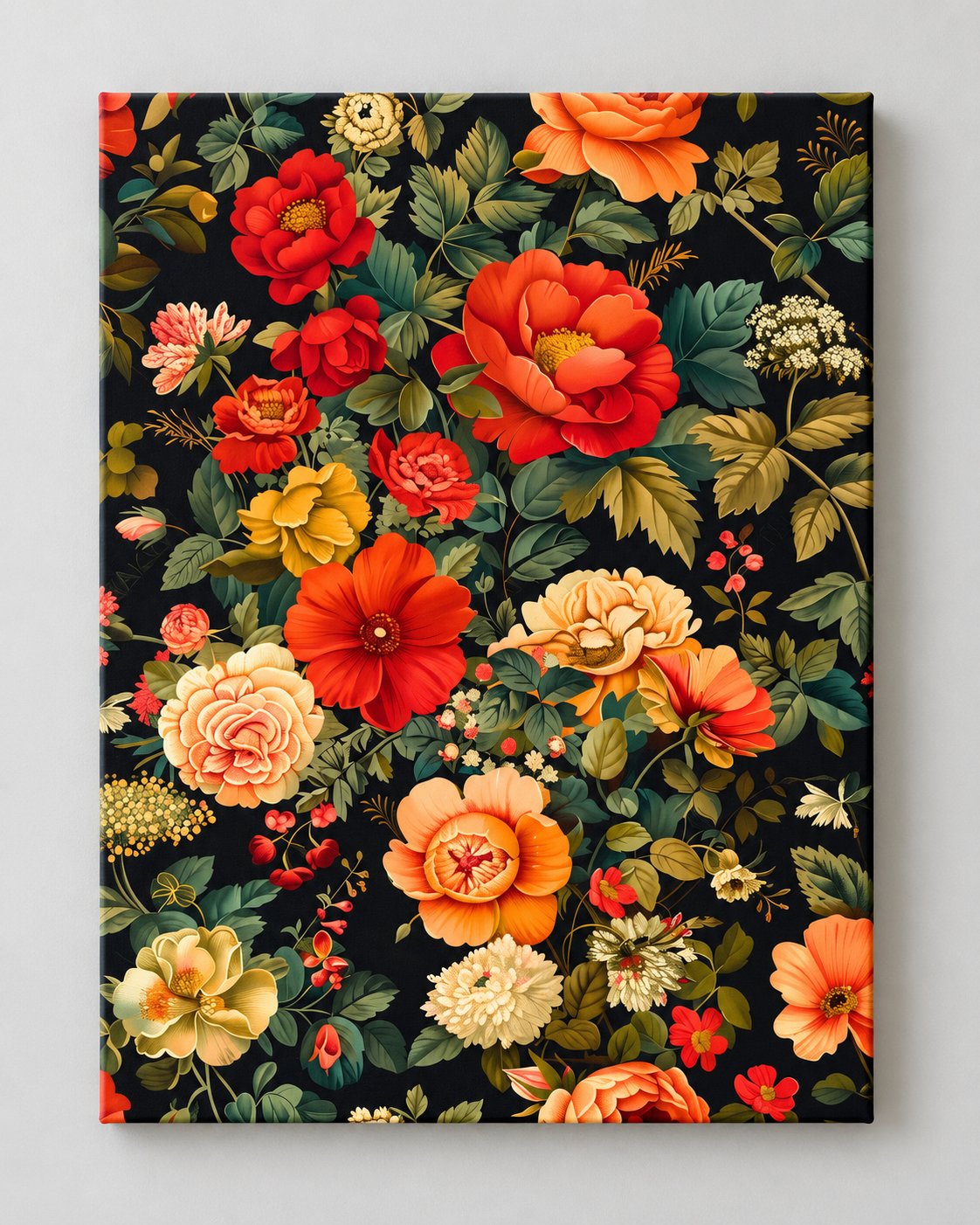 Dense vintage wallpaper-style pattern of orange-red roses and mixed flowers on black — canvas wall art