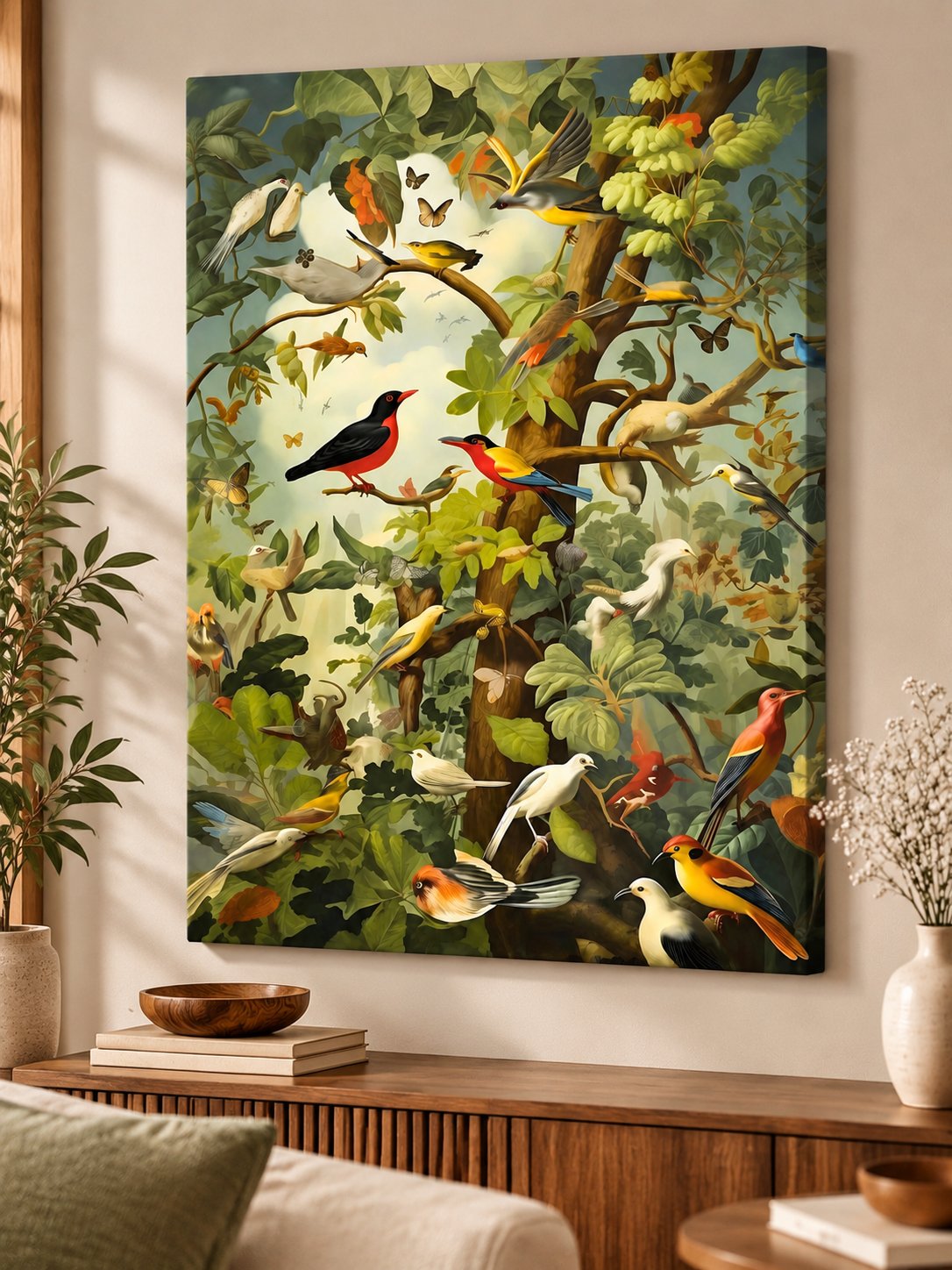 Vintage Songbirds Tree Canvas Wall Art