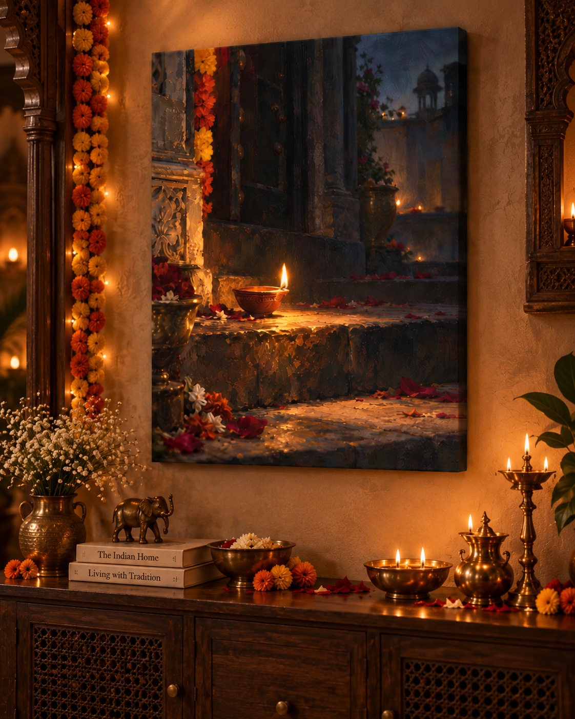 Glowing clay diya on weathered stone steps with marigold garlands, scattered flower petals, dark architecture, and warm amber lights in the background.